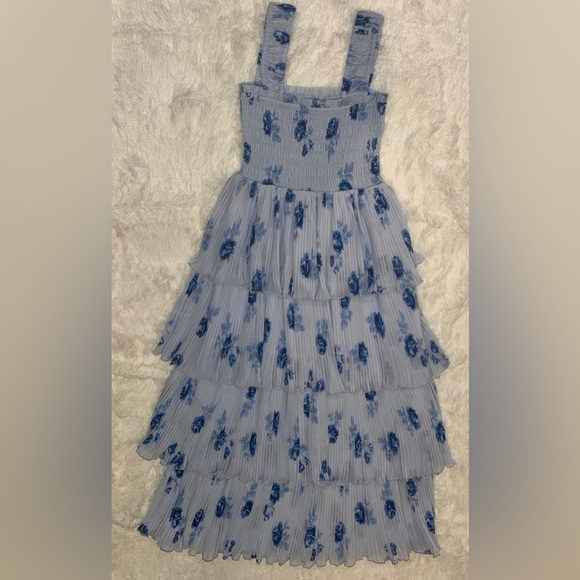 NEW Ganni Floral Pleated Georgette Heather Blue Midi-Dress SZ 34 US 2 - Picture 3 of 7